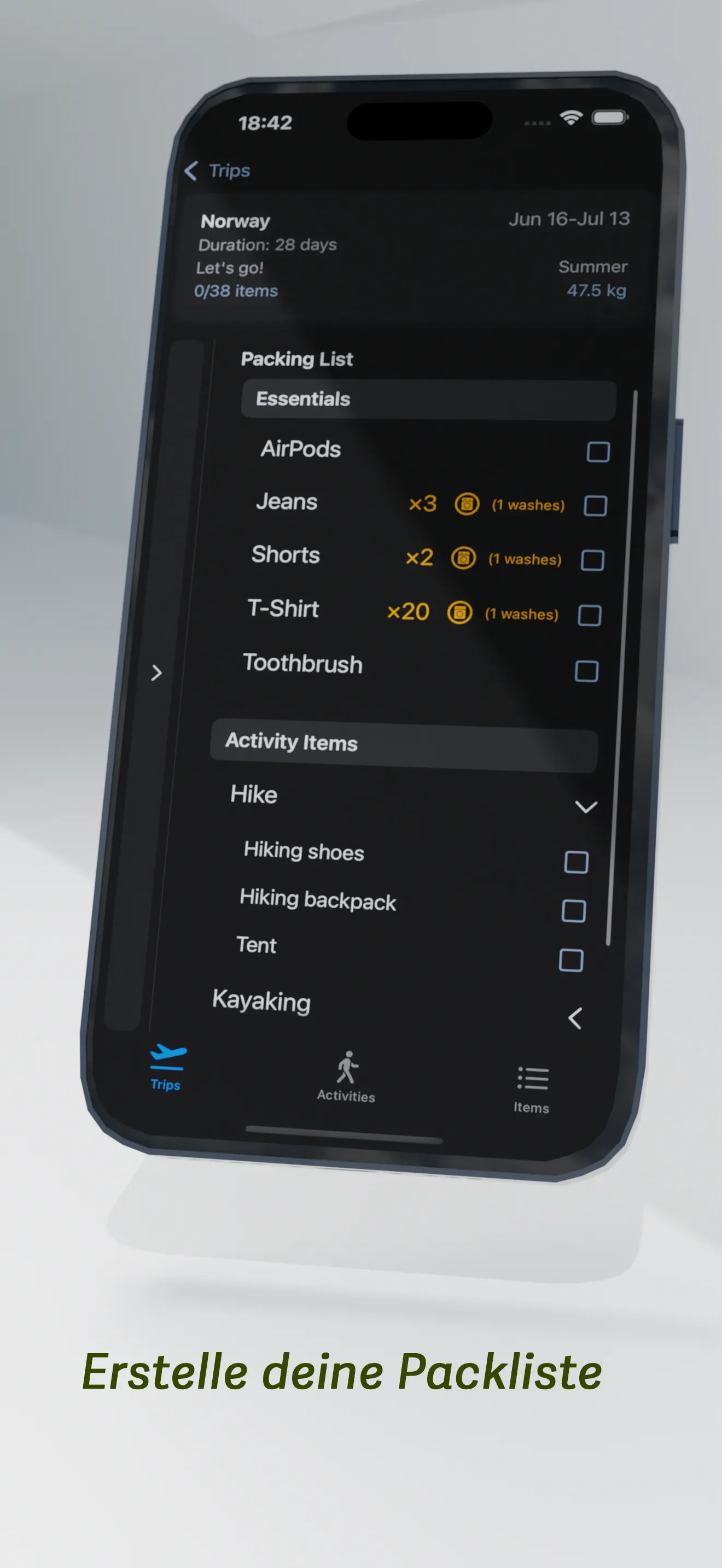Packliste Bildschirm