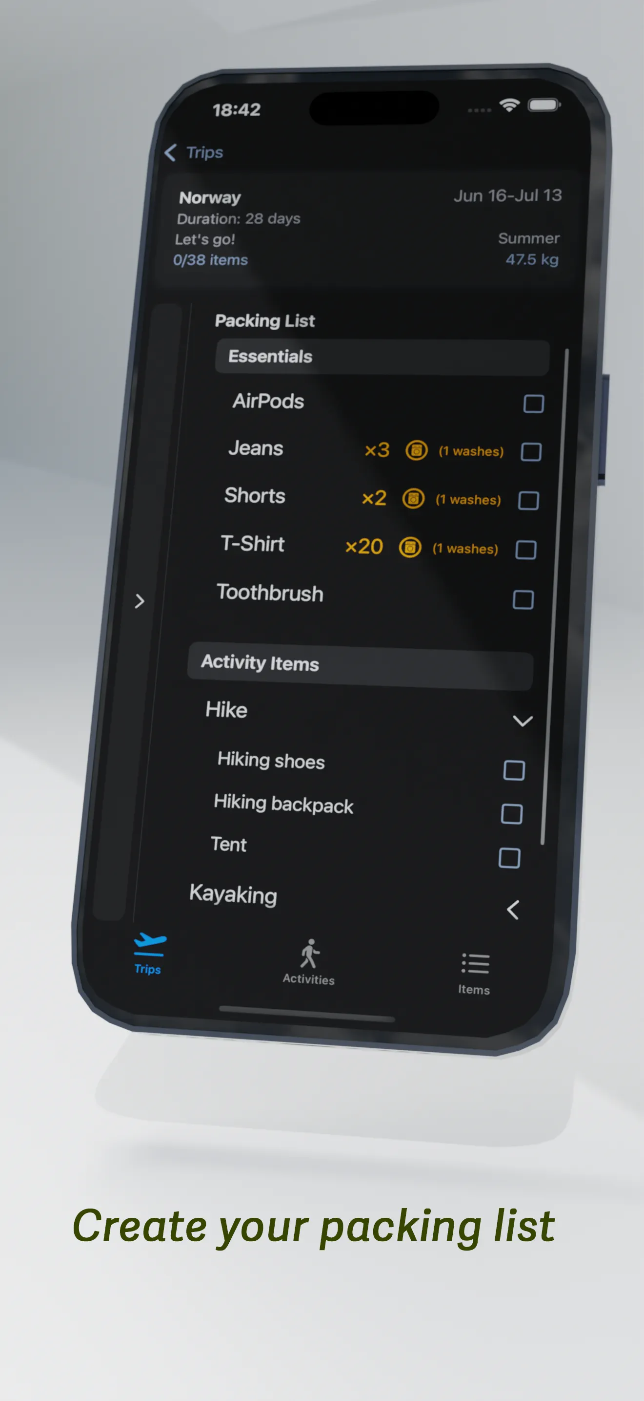 Packing List Screen
